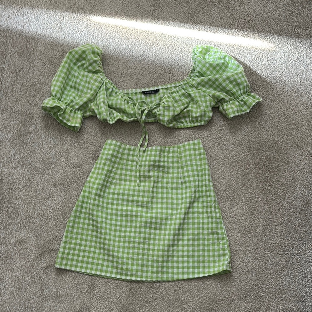 Green Gingham Crop Top and Skirt Set